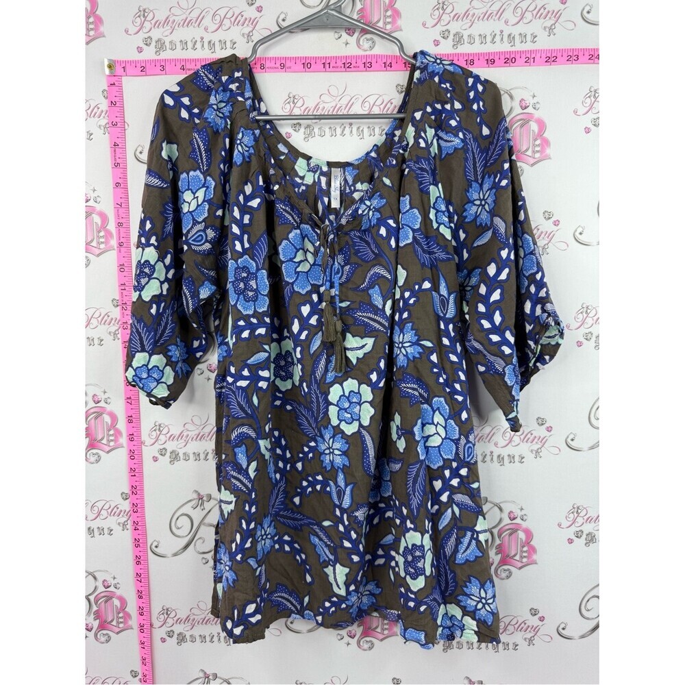 Blue Sky blouse flowers grey Brown Tunic with Blue Floral Print